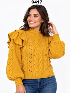 N.W.T DRIFTWOOD Women's Golden Yellow Cable Knit Ruffle Sweater